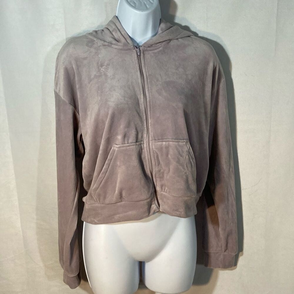 HM purple velour hooded cropped zip up hoodie jacket L